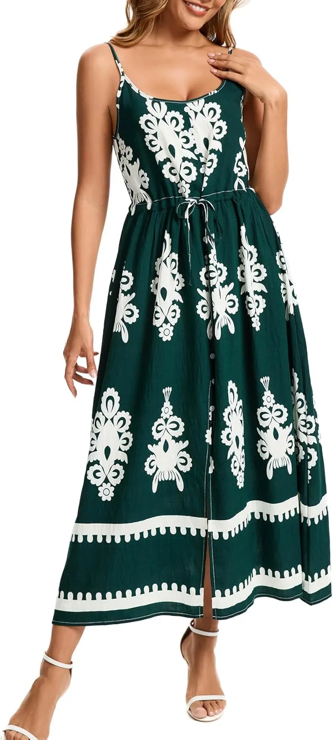 Kormei Women Summer Beach Dress Casual Boho Floral Sundress Spaghetti Strap Flowy Maxi Dresses with Pockets