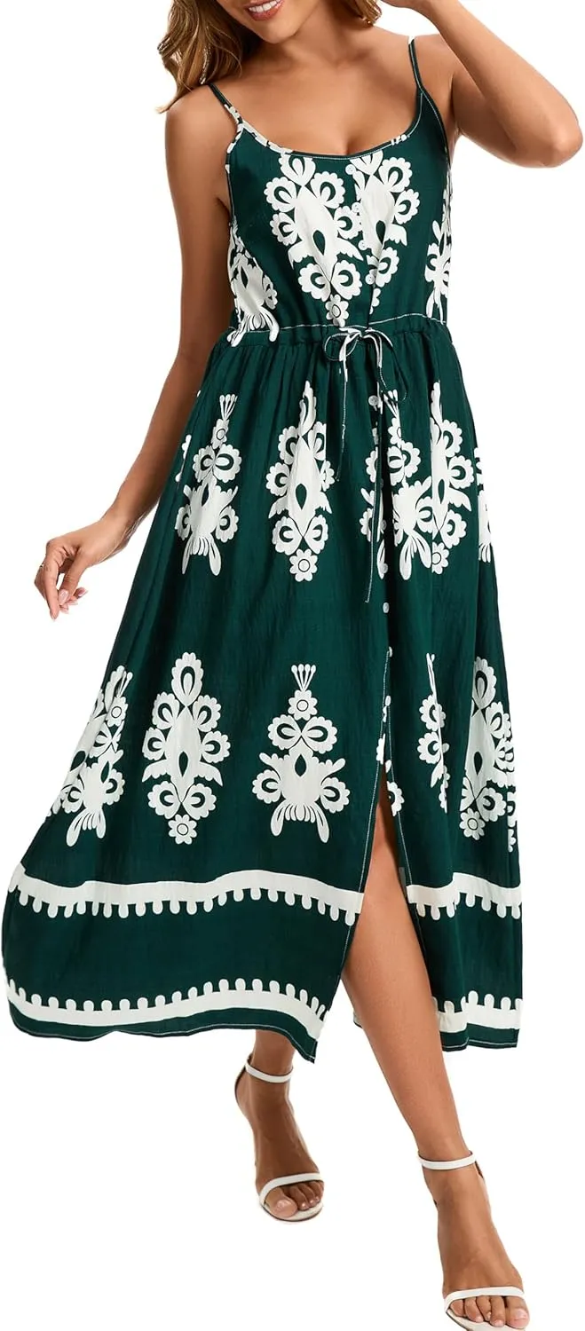 Kormei Women Summer Beach Dress Casual Boho Floral Sundress Spaghetti Strap Flowy Maxi Dresses with Pockets