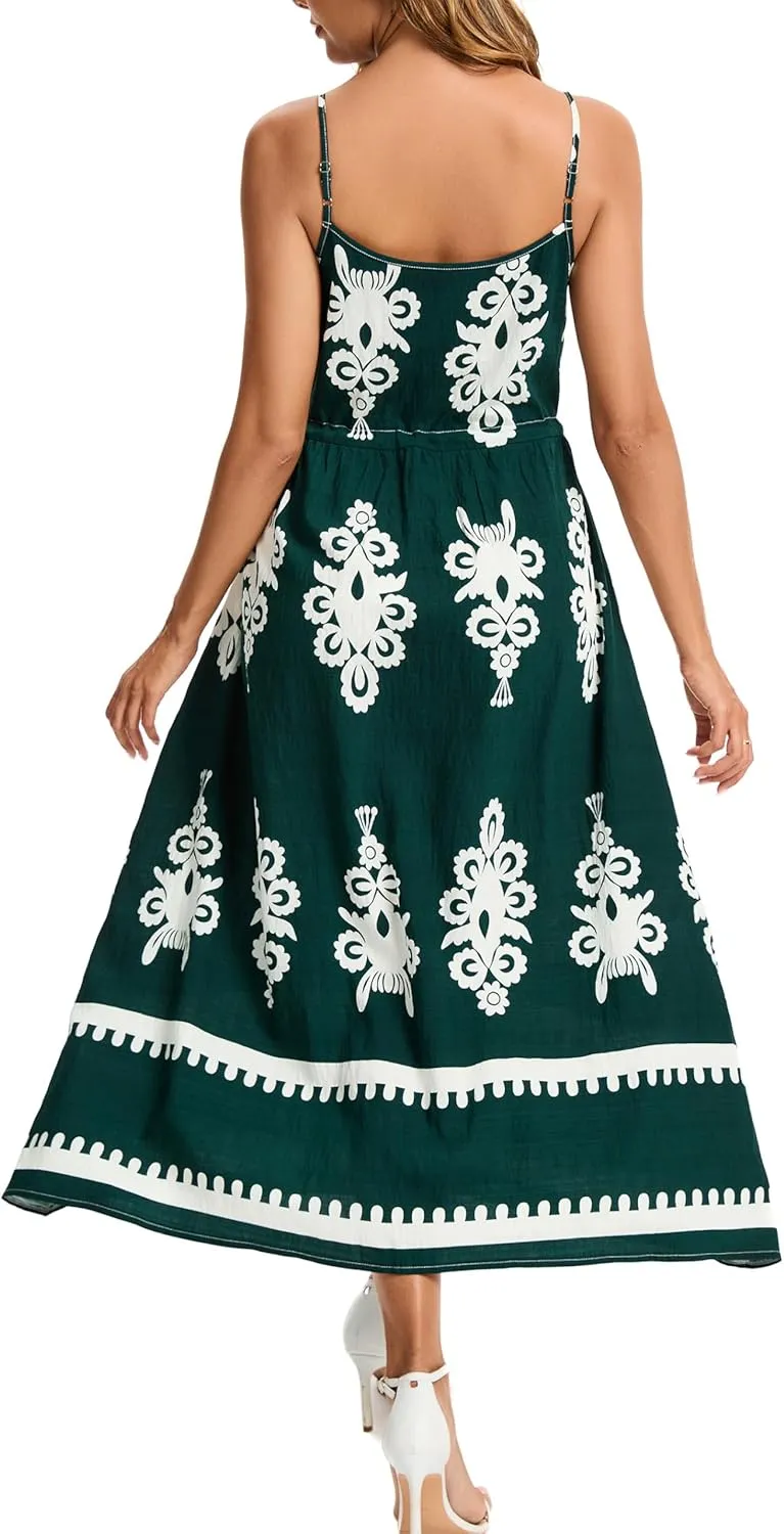 Kormei Women Summer Beach Dress Casual Boho Floral Sundress Spaghetti Strap Flowy Maxi Dresses with Pockets