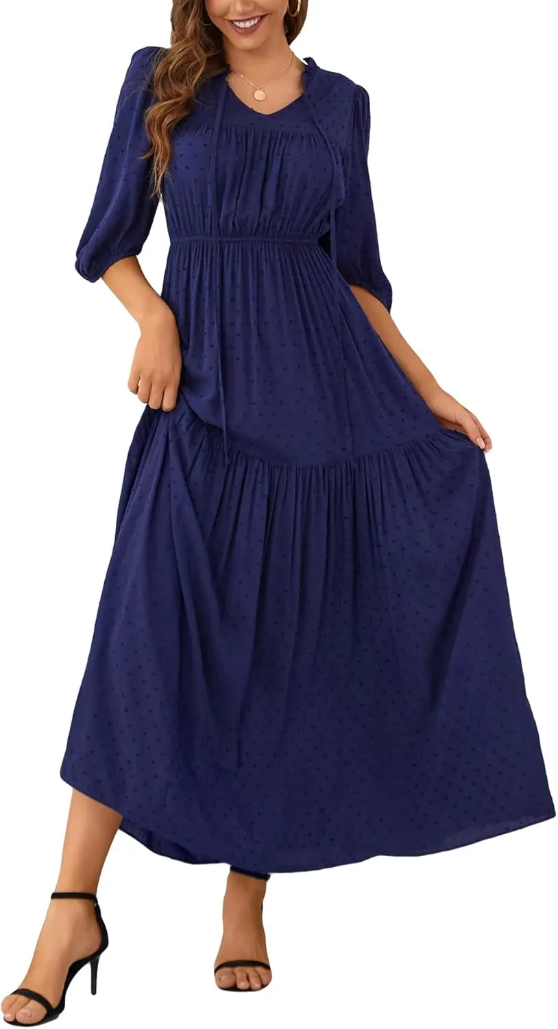 Kormei Womens 3/4 Sleeve Tie V Neck Swiss Dot Elastic Waist Tiered Ruffle Casual Swing A-Line Maxi Long Dress