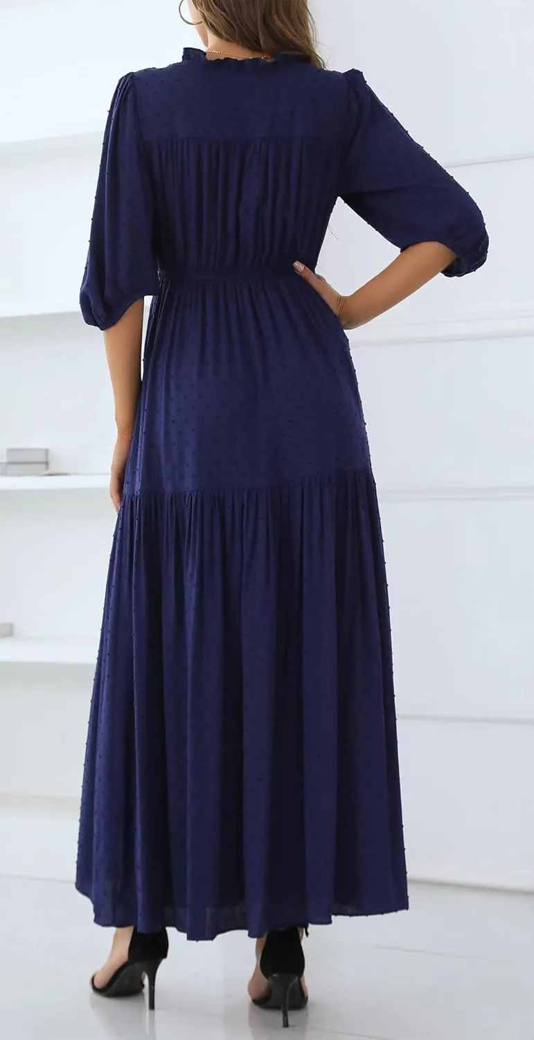 Kormei Womens 3/4 Sleeve Tie V Neck Swiss Dot Elastic Waist Tiered Ruffle Casual Swing A-Line Maxi Long Dress