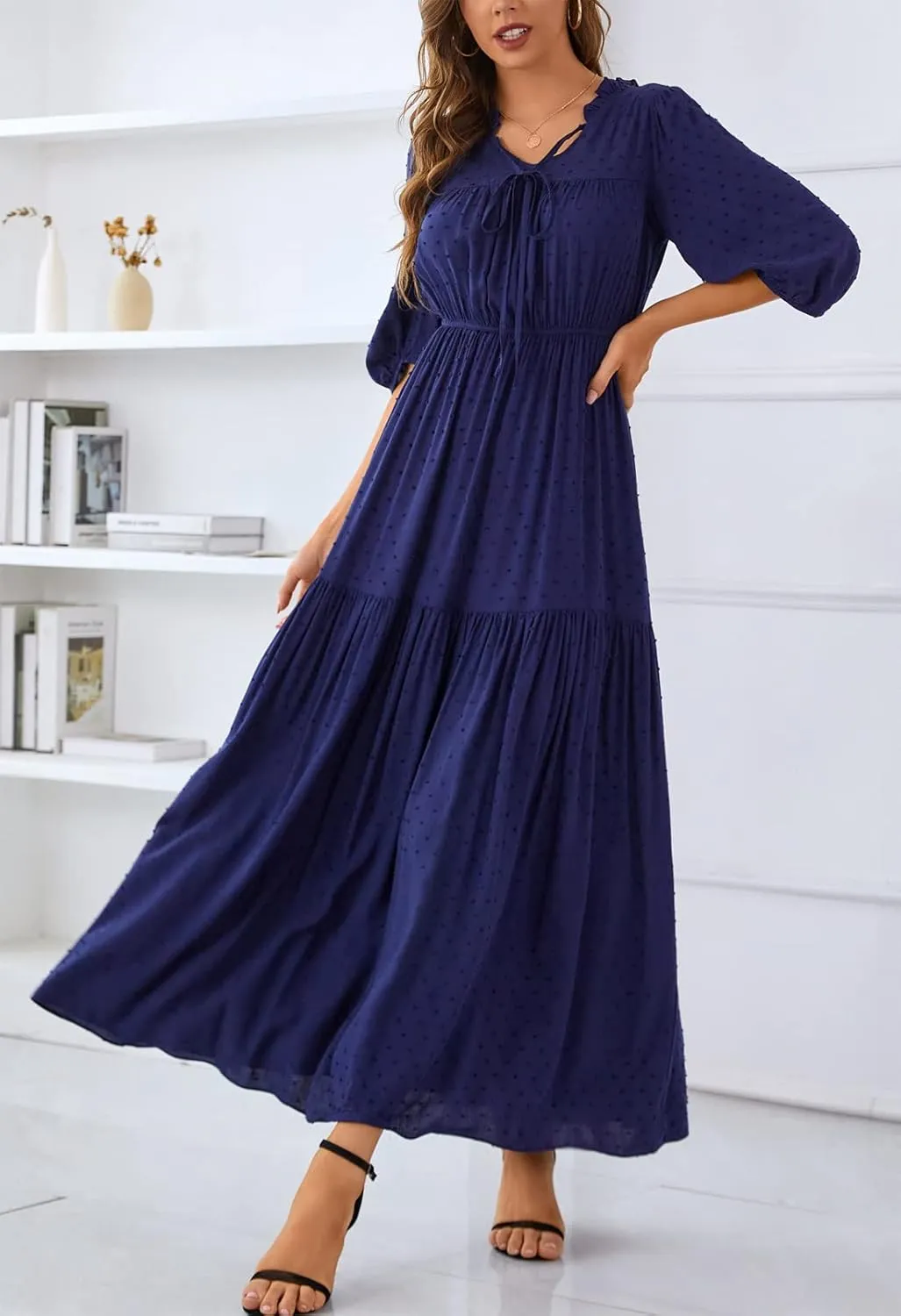 Kormei Womens 3/4 Sleeve Tie V Neck Swiss Dot Elastic Waist Tiered Ruffle Casual Swing A-Line Maxi Long Dress