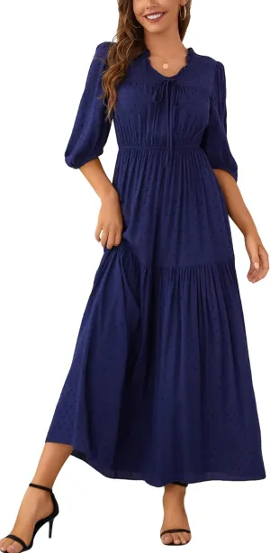 Kormei Womens 3/4 Sleeve Tie V Neck Swiss Dot Elastic Waist Tiered Ruffle Casual Swing A-Line Maxi Long Dress