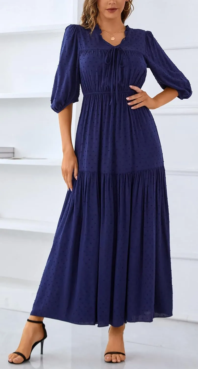 Kormei Womens 3/4 Sleeve Tie V Neck Swiss Dot Elastic Waist Tiered Ruffle Casual Swing A-Line Maxi Long Dress
