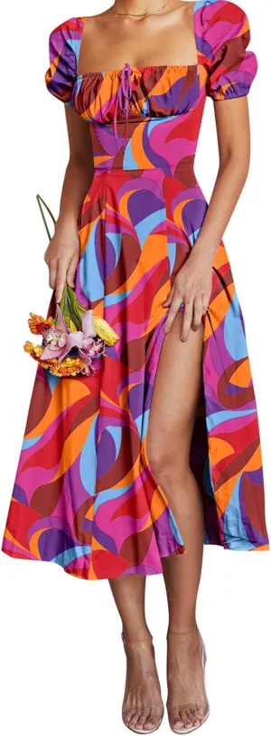 Linsery Women's Puff Sleeve Floral Maxi Dress Elegant Square Neck Cottagecore Boho Split Long Dresses