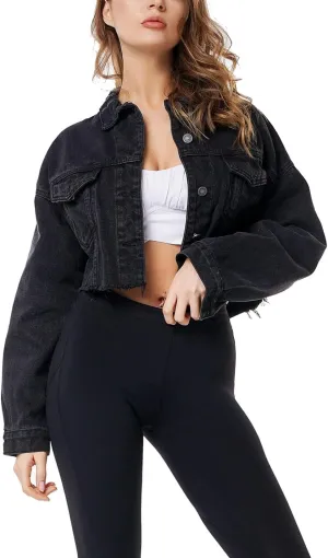 Locachy Women's Cropped Ripped Distressed Denim Jacket Casual Button Down Loose Jeans Coat Fringe with Frayed Hem