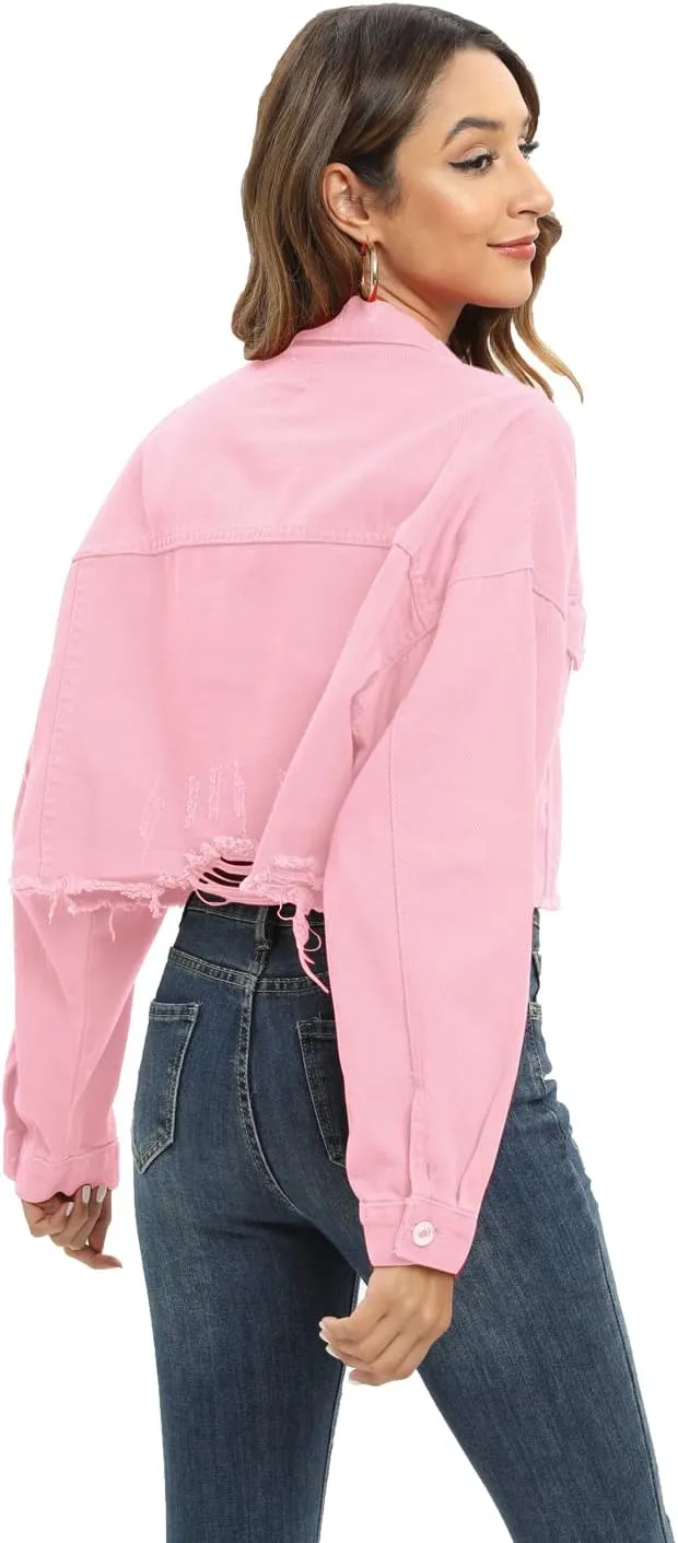 Locachy Women's Cropped Ripped Distressed Denim Jacket Casual Button Down Loose Jeans Coat Fringe with Frayed Hem
