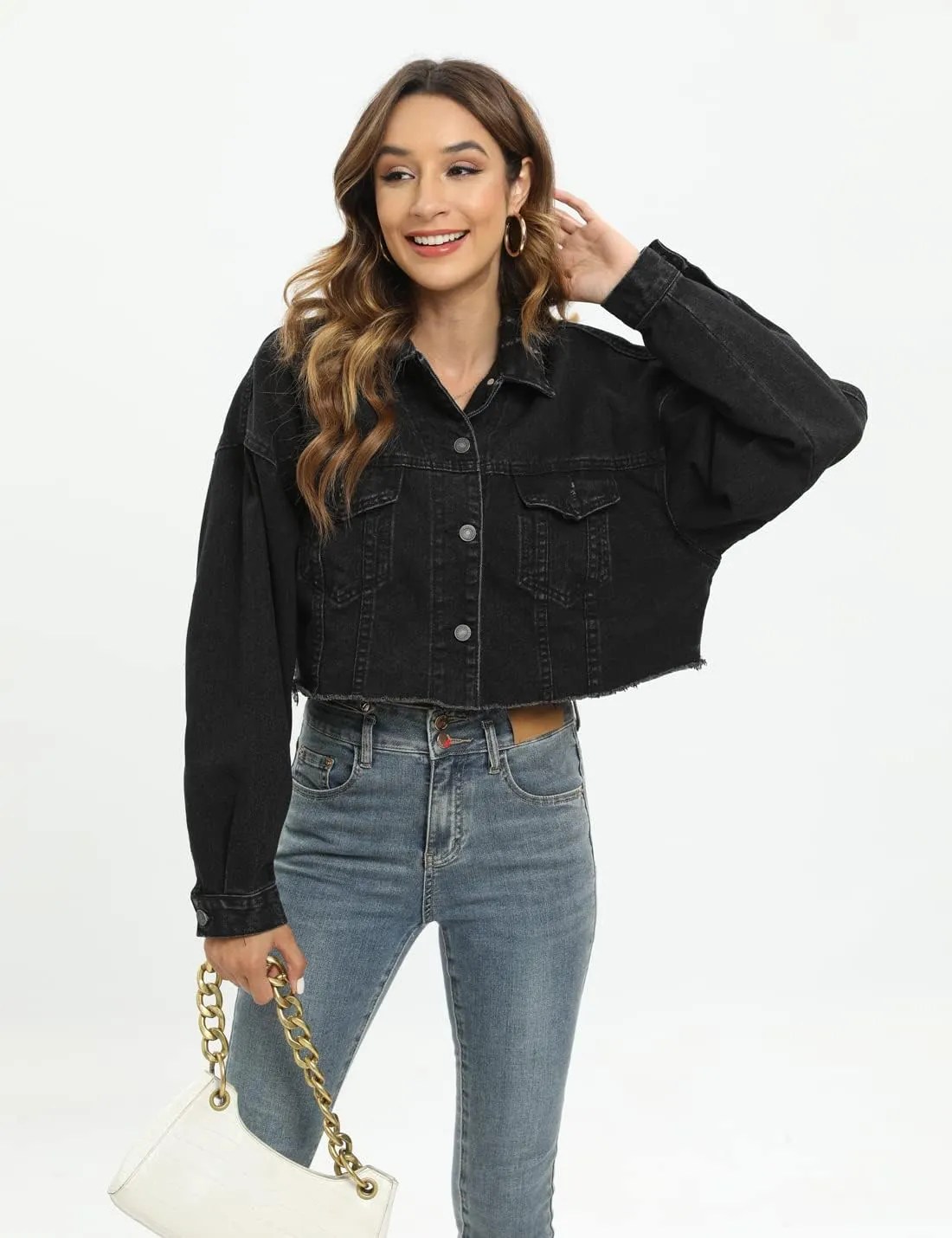 Locachy Women's Cropped Ripped Distressed Denim Jacket Casual Button Down Loose Jeans Coat Fringe with Frayed Hem