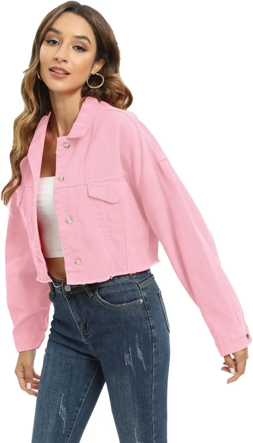 Locachy Women's Cropped Ripped Distressed Denim Jacket Casual Button Down Loose Jeans Coat Fringe with Frayed Hem