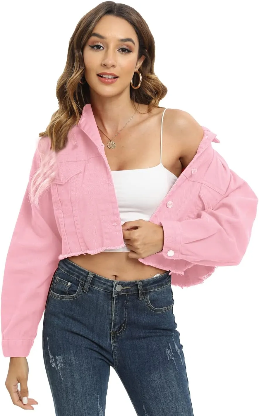 Locachy Women's Cropped Ripped Distressed Denim Jacket Casual Button Down Loose Jeans Coat Fringe with Frayed Hem