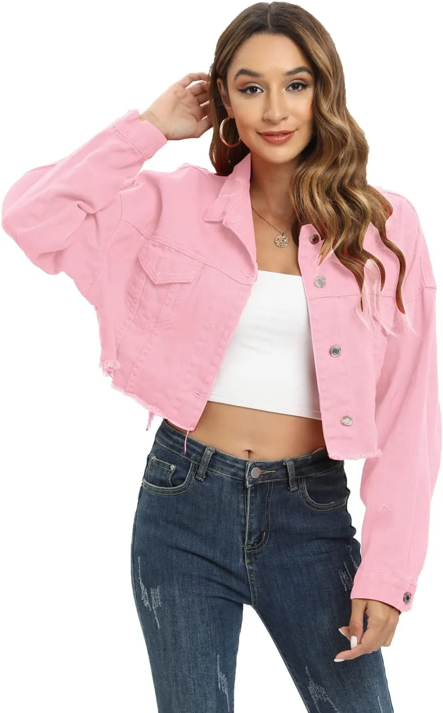 Locachy Women's Cropped Ripped Distressed Denim Jacket Casual Button Down Loose Jeans Coat Fringe with Frayed Hem