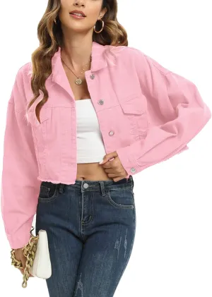 Locachy Women's Cropped Ripped Distressed Denim Jacket Casual Button Down Loose Jeans Coat Fringe with Frayed Hem