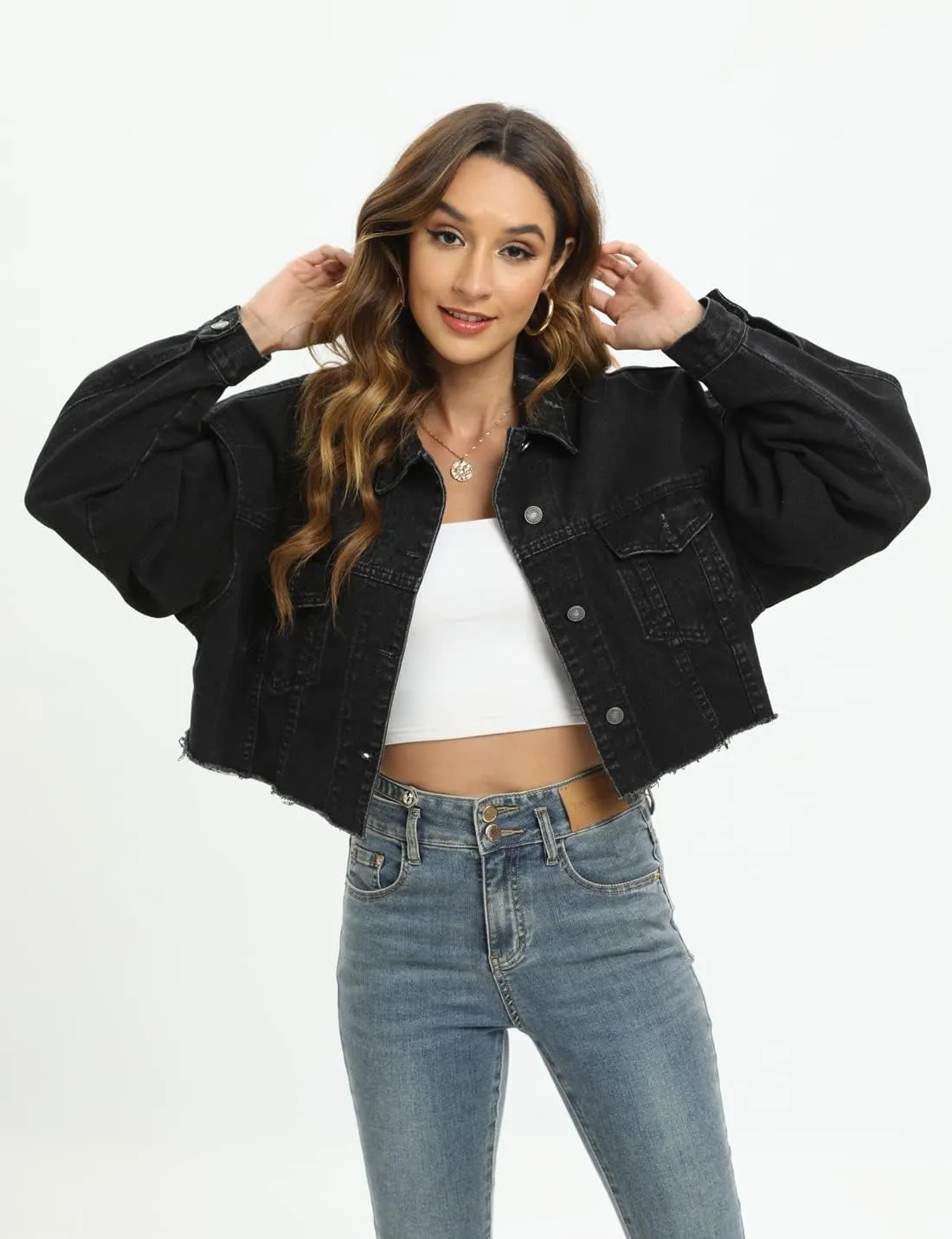Locachy Women's Cropped Ripped Distressed Denim Jacket Casual Button Down Loose Jeans Coat Fringe with Frayed Hem