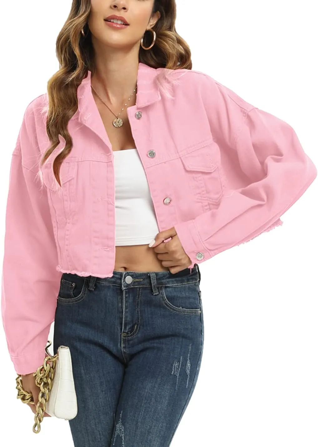 Locachy Women's Cropped Ripped Distressed Denim Jacket Casual Button Down Loose Jeans Coat Fringe with Frayed Hem