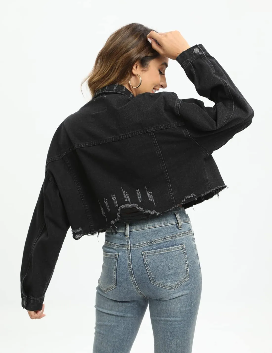 Locachy Women's Cropped Ripped Distressed Denim Jacket Casual Button Down Loose Jeans Coat Fringe with Frayed Hem