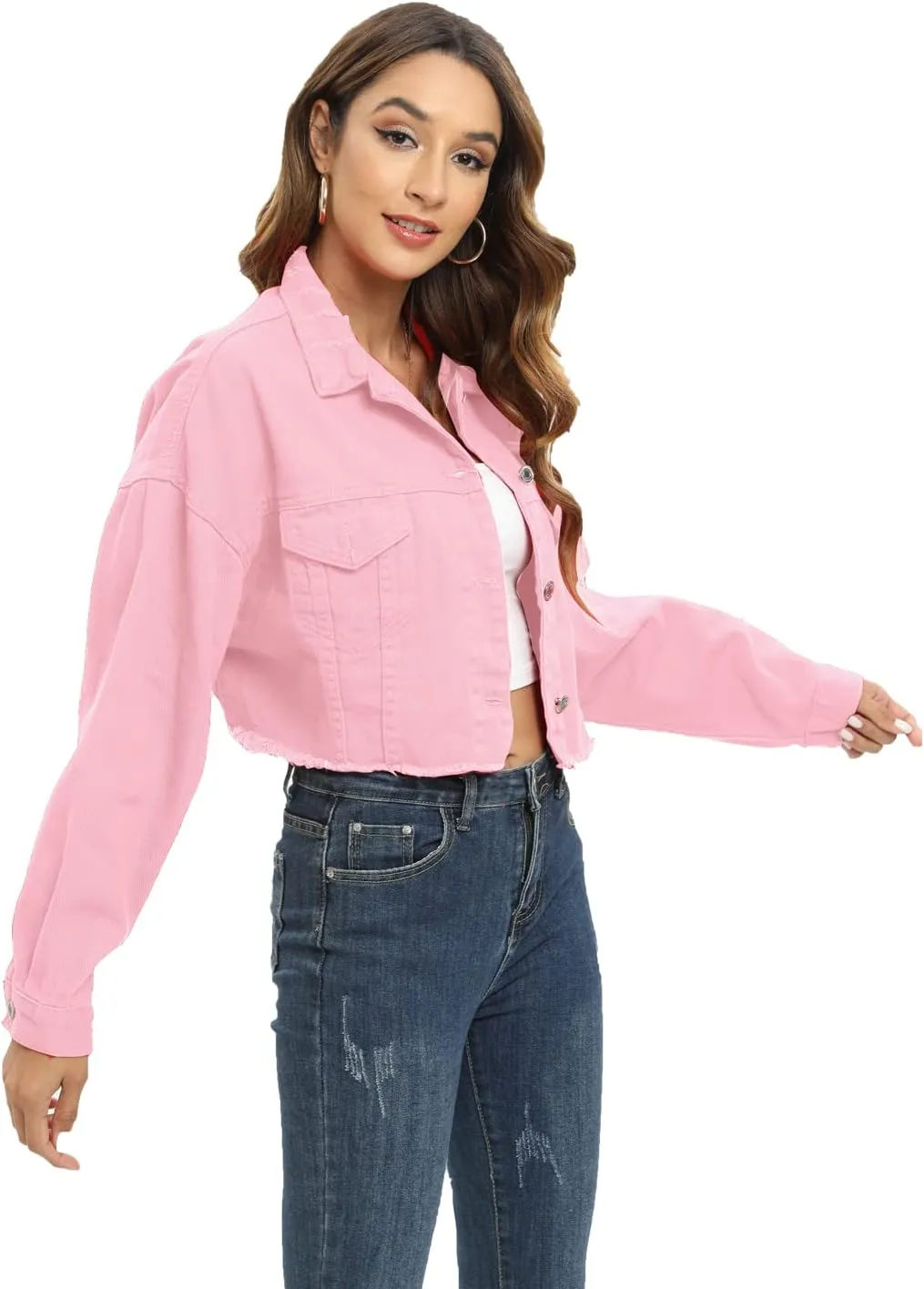 Locachy Women's Cropped Ripped Distressed Denim Jacket Casual Button Down Loose Jeans Coat Fringe with Frayed Hem