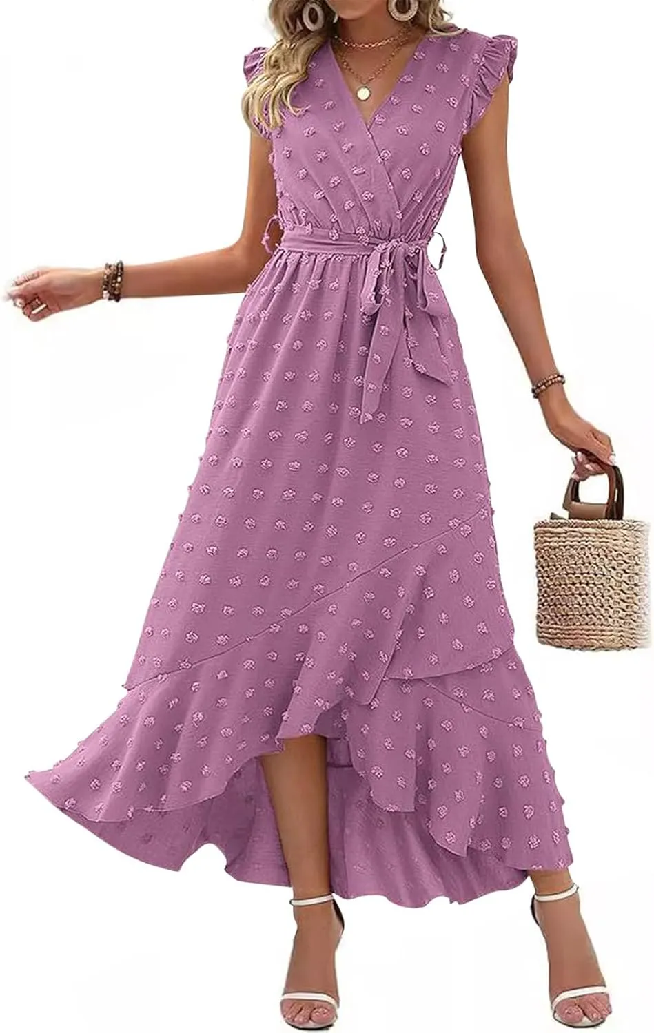 Long Dresses for Women Casual Loose Soft Flowy V Neck Sleeveless Wrap Dress Summer Asymmetrical Slit Maxi Sundress