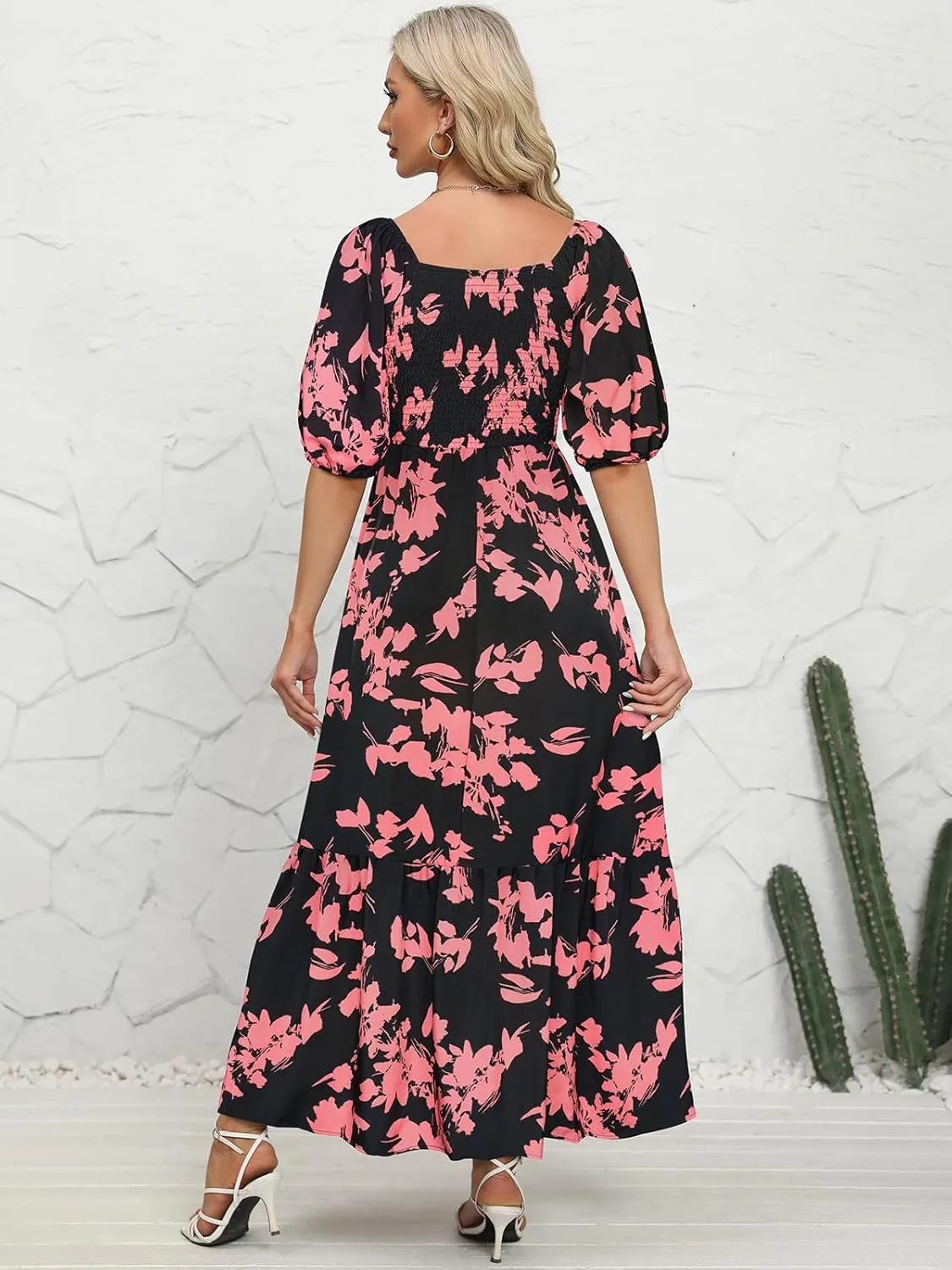 Lyrur Summer Boho Smocked Maxi Dresses for Women 2025 Casual Puff Sleeve Square Neck A Line Tiered Ruffle Ankle Length Dress