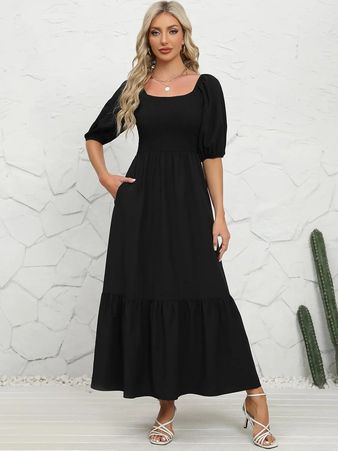 Lyrur Summer Boho Smocked Maxi Dresses for Women 2025 Casual Puff Sleeve Square Neck A Line Tiered Ruffle Ankle Length Dress