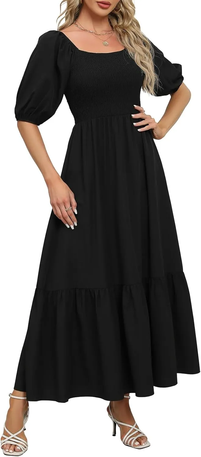 Lyrur Summer Boho Smocked Maxi Dresses for Women 2025 Casual Puff Sleeve Square Neck A Line Tiered Ruffle Ankle Length Dress