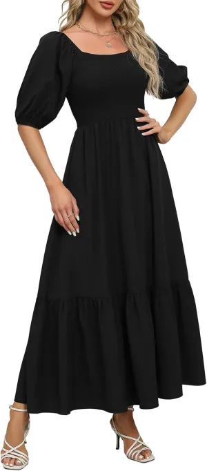 Lyrur Summer Boho Smocked Maxi Dresses for Women 2025 Casual Puff Sleeve Square Neck A Line Tiered Ruffle Ankle Length Dress