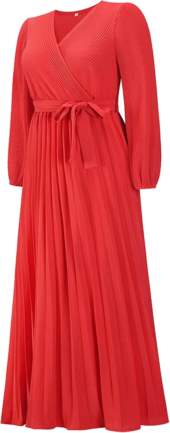 Mansy Women's Elegant Wrap V Neck Lantern Sleeve Bulted Pleated Flowy Maxi Long Dress