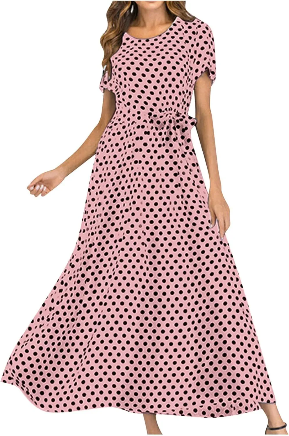 Maxi Dress for Women Boho Summer Polka Dot Print Casual Dress Short Sleeve Long Dresses Flowy Swing Beach Sundress