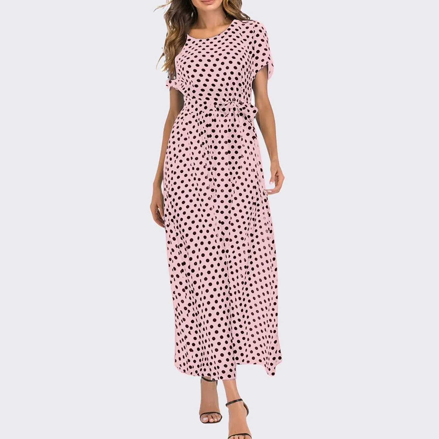 Maxi Dress for Women Boho Summer Polka Dot Print Casual Dress Short Sleeve Long Dresses Flowy Swing Beach Sundress