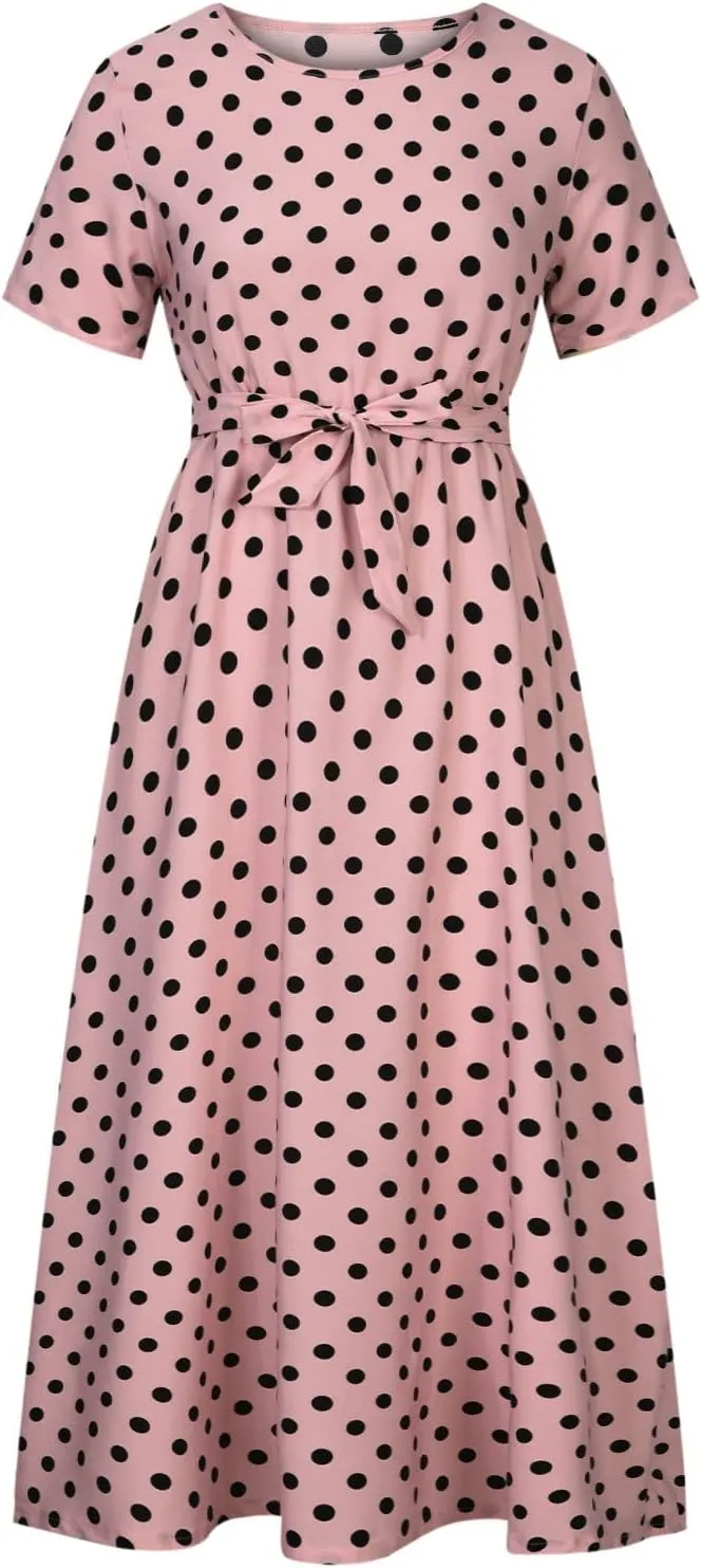 Maxi Dress for Women Boho Summer Polka Dot Print Casual Dress Short Sleeve Long Dresses Flowy Swing Beach Sundress