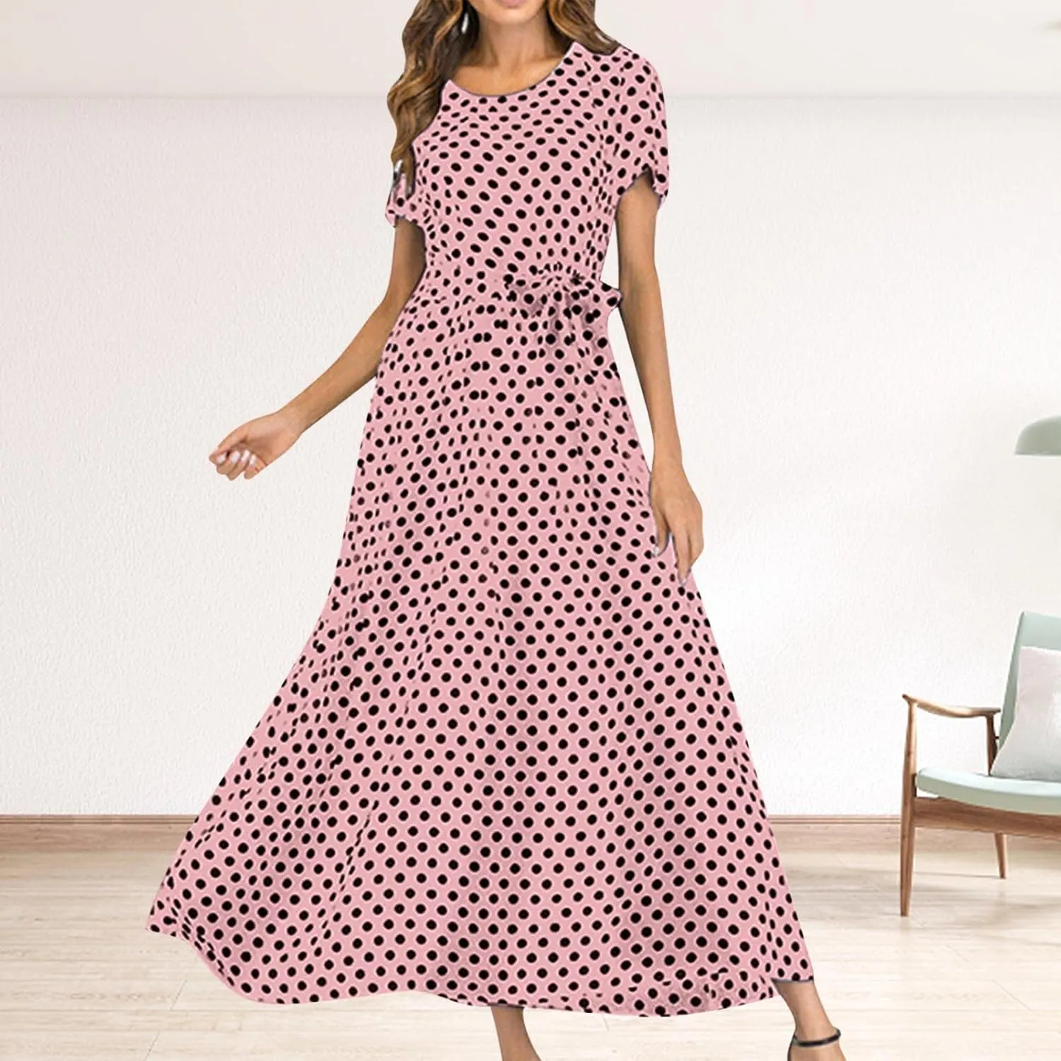 Maxi Dress for Women Boho Summer Polka Dot Print Casual Dress Short Sleeve Long Dresses Flowy Swing Beach Sundress