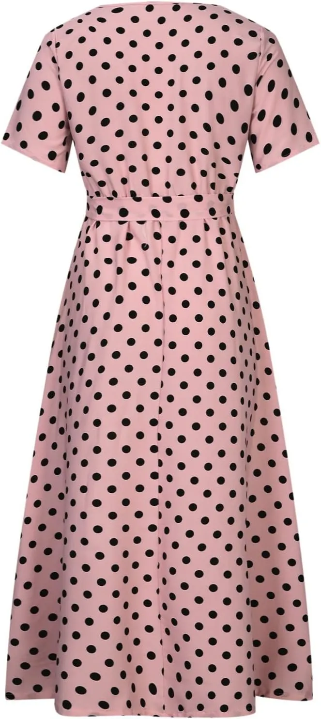 Maxi Dress for Women Boho Summer Polka Dot Print Casual Dress Short Sleeve Long Dresses Flowy Swing Beach Sundress