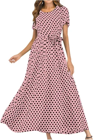 Maxi Dress for Women Boho Summer Polka Dot Print Casual Dress Short Sleeve Long Dresses Flowy Swing Beach Sundress