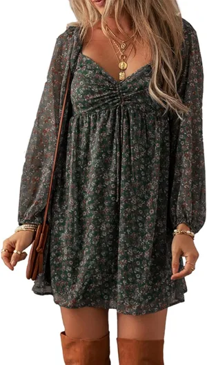 Melliflo Women's Mini Dress Floral Spring Long Sleeve Flowy Short Sundress Ruffle Babydoll Wedding Guest Dress