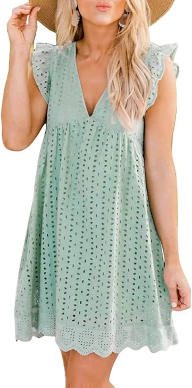 Melliflo Women's Ruffle Short Sleeve V Neck Dress Summer Casual Pullover Babydoll Eyelet Mini Dresses