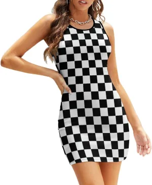MENRIAOV Women Sleeveless Bodycon Short Dress Crew Neck Casual Summer Black White Race Checkered Flag Mini Dresses