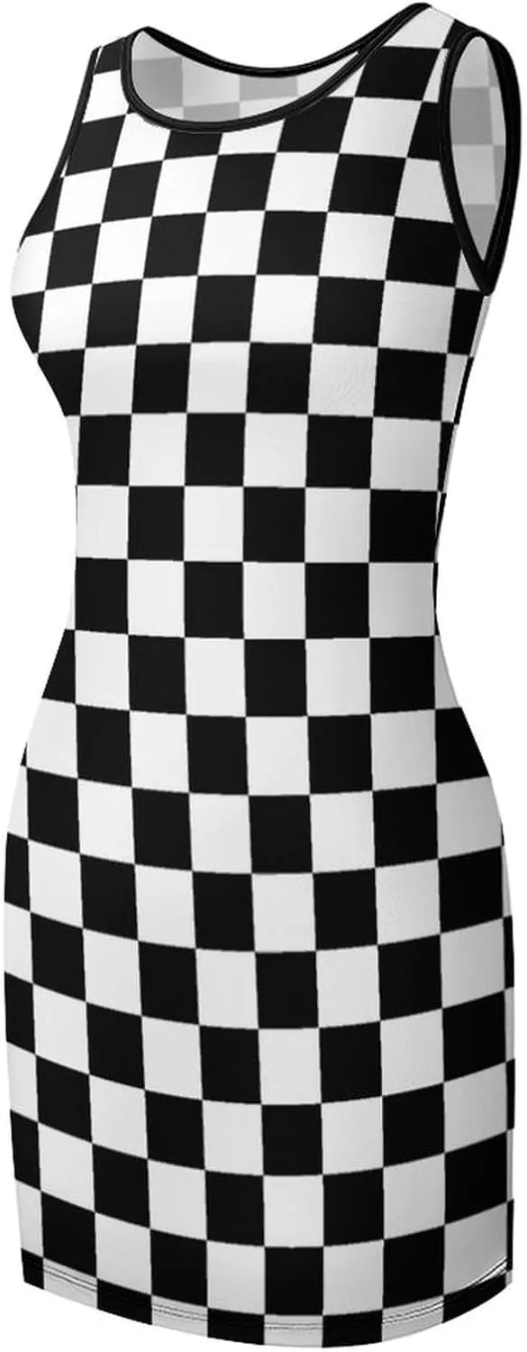 MENRIAOV Women Sleeveless Bodycon Short Dress Crew Neck Casual Summer Black White Race Checkered Flag Mini Dresses