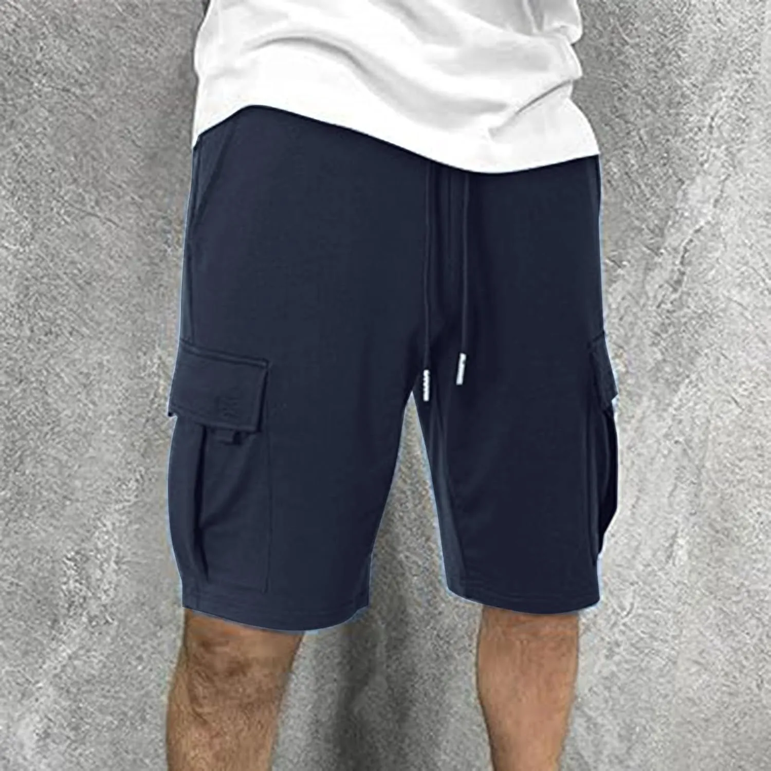 Mens Casual Twill Cargo Shorts Trendy, Cotton Elastic Waist Drawstring Classic Stretch Shorts with Pockets
