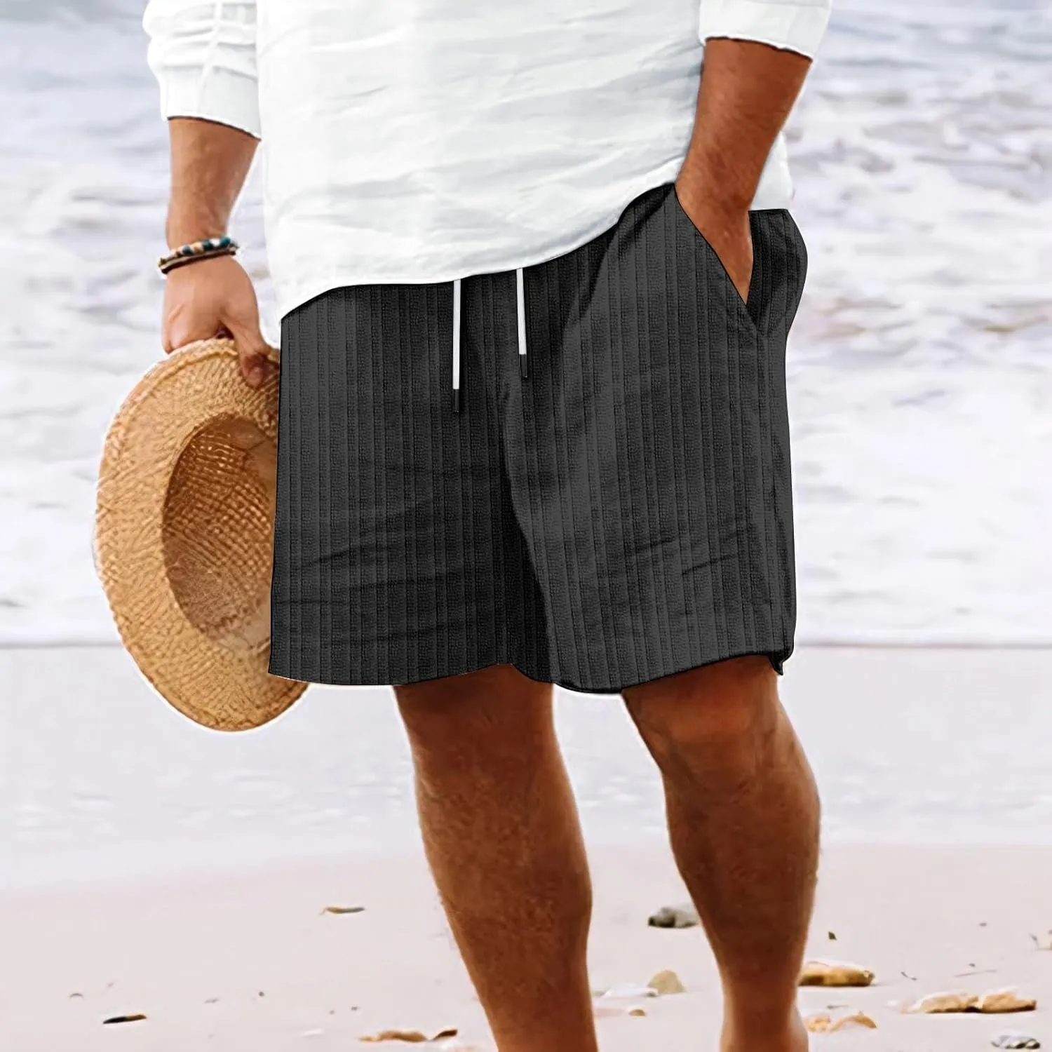 Men's Linen Cargo Shorts Summer Casual Elastic Waist Drawstring Beach Shorts with Pockets Lightweight