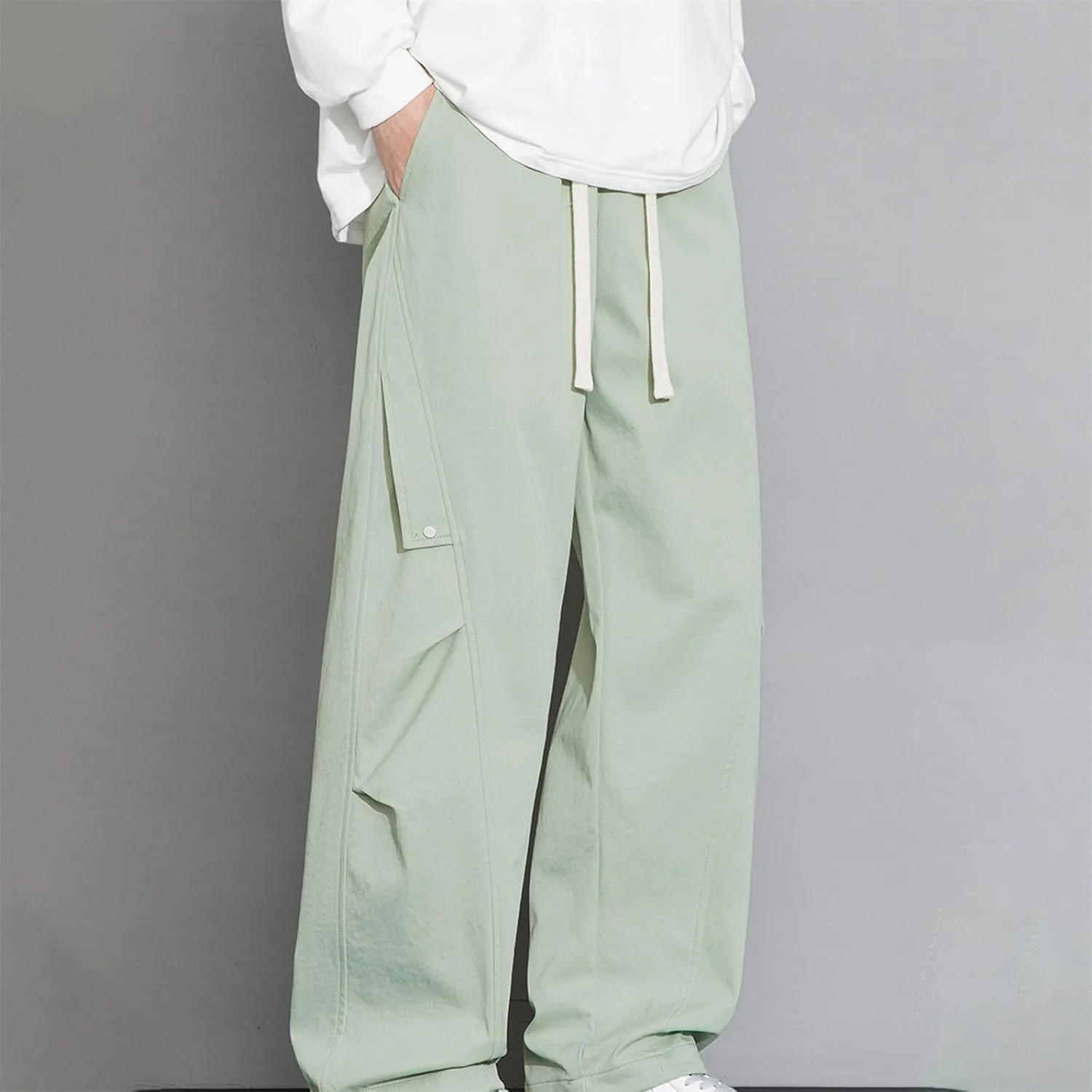 Mens Wide Leg Pants Trendy Loose Fit Casual Pant Plus Size Drawstring Waist Slacks Summer Fashion Trouser with Pocket