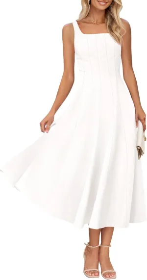 MEROKEETY Women's 2025 Summer Sleeveless Midi Dress Square Neck Smocked Flowy A Line Beach Dresses