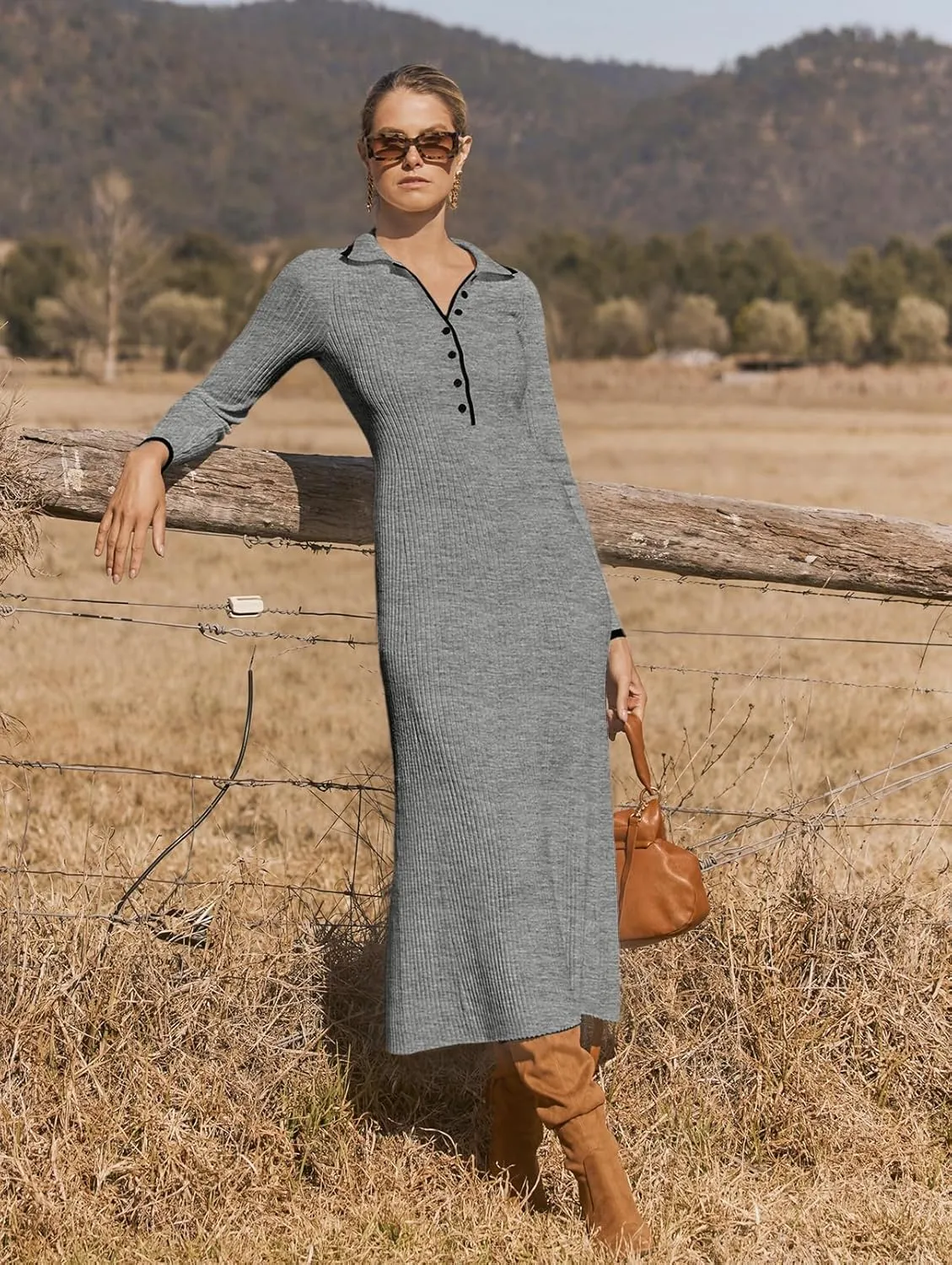 MEROKEETY Women's Long Sleeve V Neck Sweater Dress Button Ribbed Knit Slim Fit Elegant Maxi Dresses