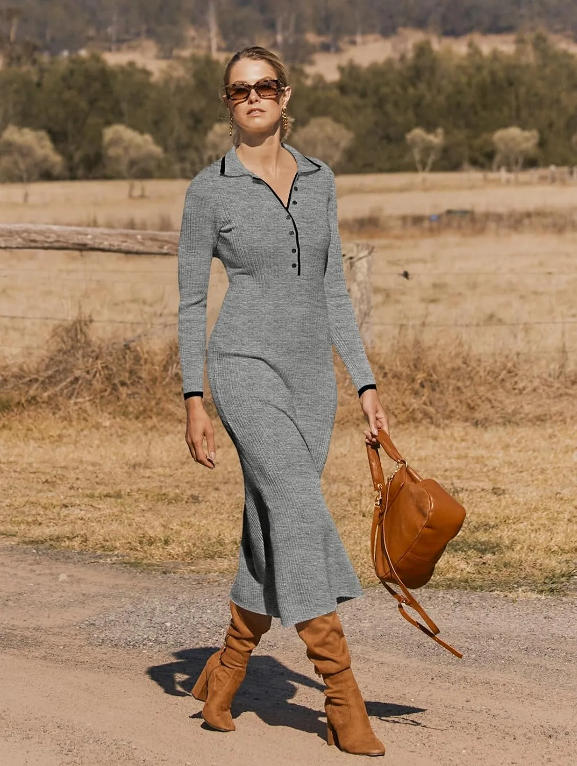 MEROKEETY Women's Long Sleeve V Neck Sweater Dress Button Ribbed Knit Slim Fit Elegant Maxi Dresses