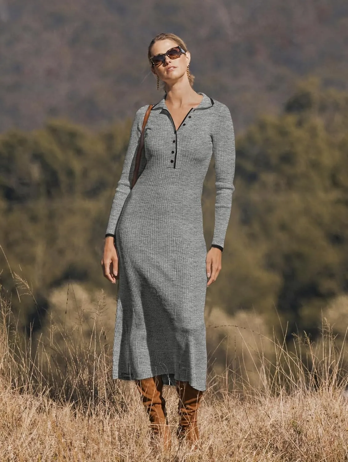 MEROKEETY Women's Long Sleeve V Neck Sweater Dress Button Ribbed Knit Slim Fit Elegant Maxi Dresses