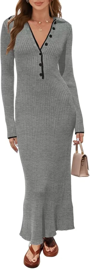 MEROKEETY Women's Long Sleeve V Neck Sweater Dress Button Ribbed Knit Slim Fit Elegant Maxi Dresses