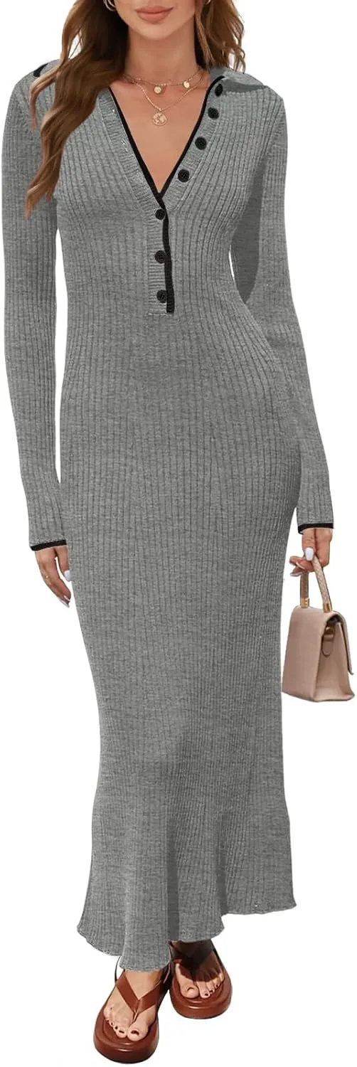 MEROKEETY Women's Long Sleeve V Neck Sweater Dress Button Ribbed Knit Slim Fit Elegant Maxi Dresses