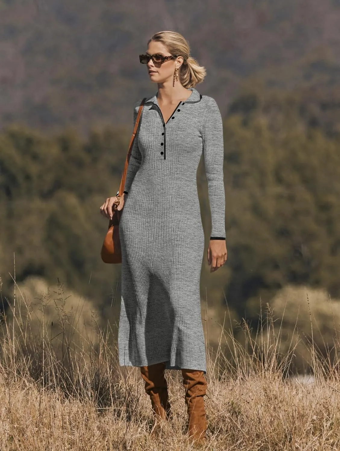 MEROKEETY Women's Long Sleeve V Neck Sweater Dress Button Ribbed Knit Slim Fit Elegant Maxi Dresses