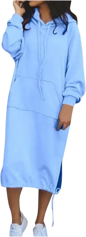 Midi Dresses for Women Plus Size Casual Fashion Long Sleeve V-Neck Soft Solid Colour Hooded Loose Holiday Dresses
