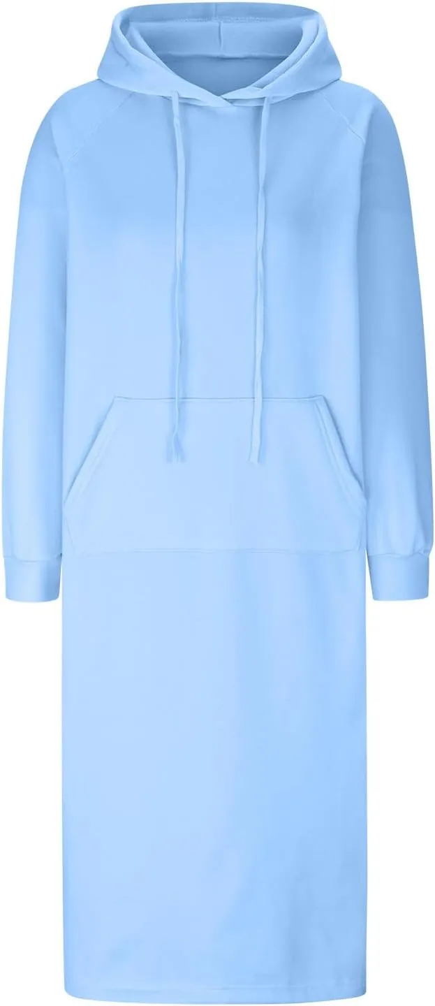Midi Dresses for Women Plus Size Casual Fashion Long Sleeve V-Neck Soft Solid Colour Hooded Loose Holiday Dresses