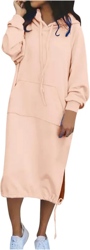 Midi Dresses for Women Plus Size Casual Fashion Long Sleeve V-Neck Soft Solid Colour Hooded Loose Holiday Dresses