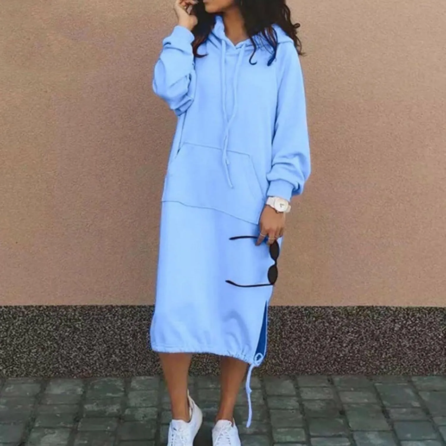 Midi Dresses for Women Plus Size Casual Fashion Long Sleeve V-Neck Soft Solid Colour Hooded Loose Holiday Dresses